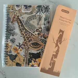 Giraffe Wood Carved Pen and Coordinating Notebook, NWT